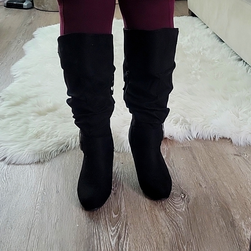 Black wide calf wedge boots